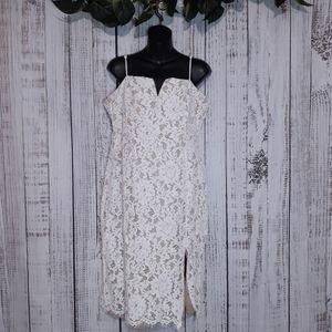 LuLus Amazing allure white crocheted lace bodycon midi dress w/ front slit